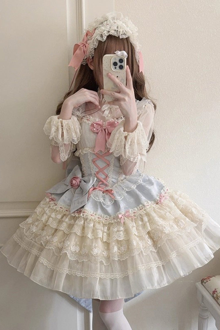 Blue [Rose Canticle] Sleeveless Multi-Layered Bowknot Lace Lace-Up Pearl Ballet Sweet Lolita Jsk Dress