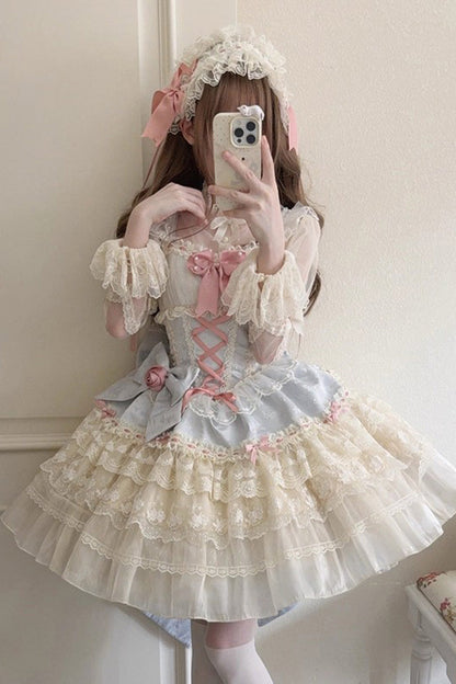 Blue [Rose Canticle] Sleeveless Multi-Layered Bowknot Lace Lace-Up Pearl Ballet Sweet Lolita Jsk Dress