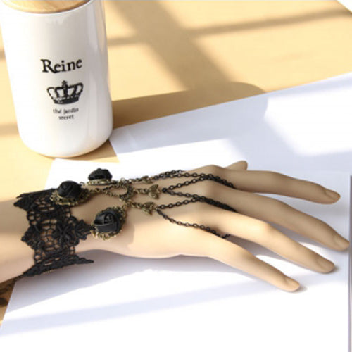 Black Retro Fashion Rose Flower Lace Tassel Female Gothic Lolita Ring Bracelet