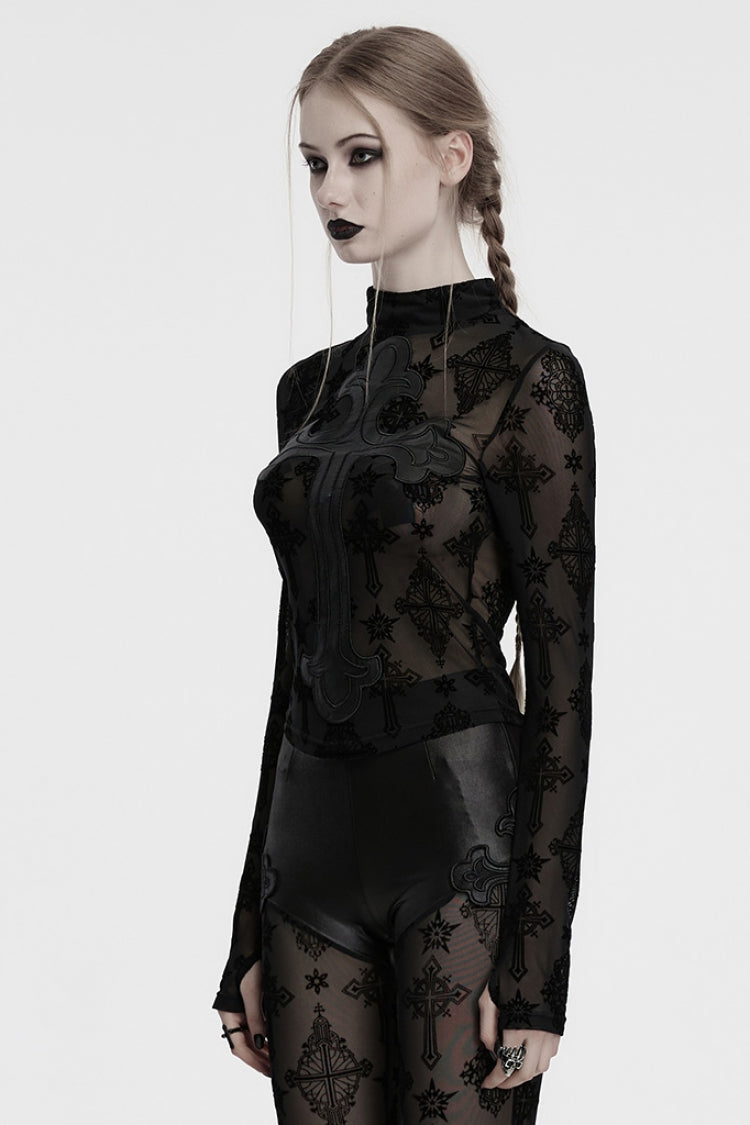 Black Stand Collar Long Sleeves Star Cross Embroidery Sheer Mesh Women's Gothic T-Shirt
