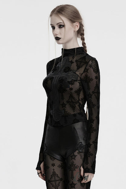 Black Stand Collar Long Sleeves Star Cross Embroidery Sheer Mesh Women's Gothic T-Shirt