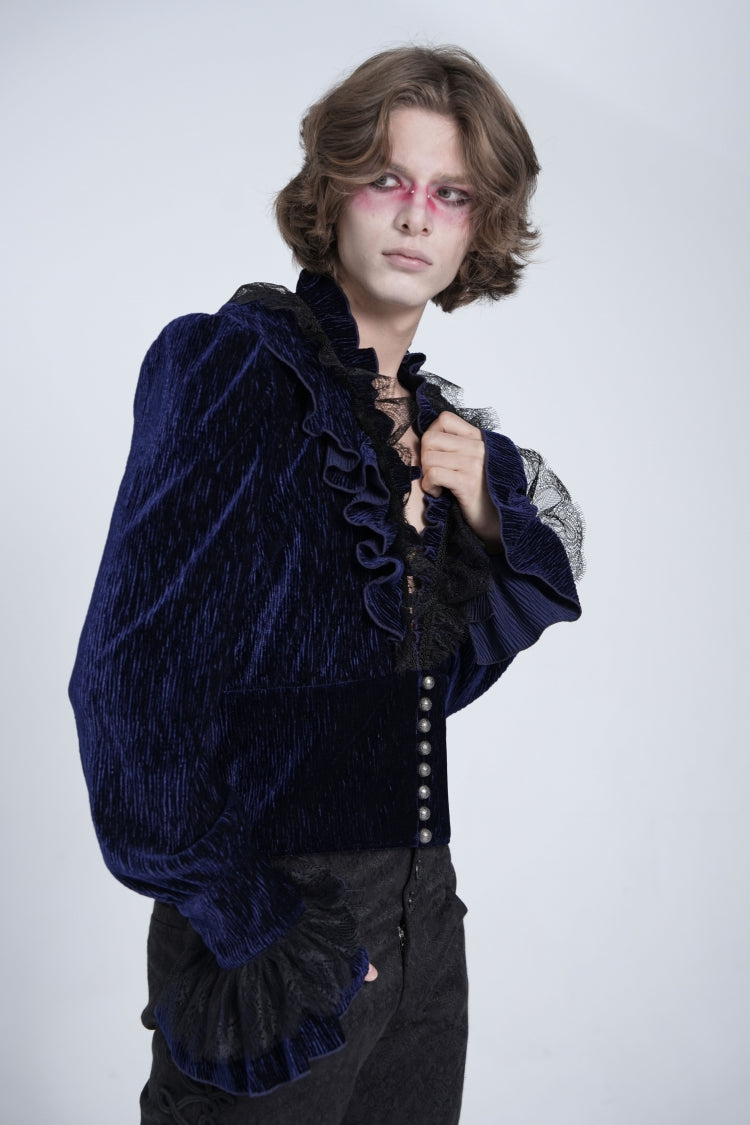 Blue V Collar Long Sleeves Ruffle Stitching Lace Men's Gothic Blouse