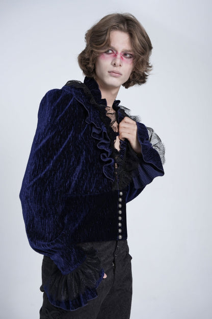 Blue V Collar Long Sleeves Ruffle Stitching Lace Men's Gothic Blouse