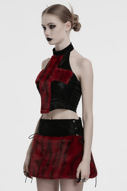 Black/Red Halterneck Sleeveless Cross Faux Fur Stitching Women's Punk Vest