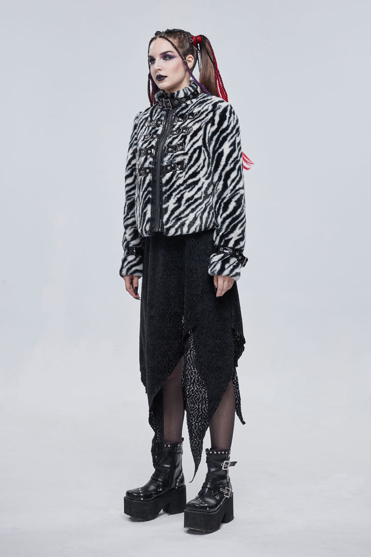 Black/White Stripe Design Shiny Belt With D-Shaped Buckle Decoration Padded Women's Punk Jacket