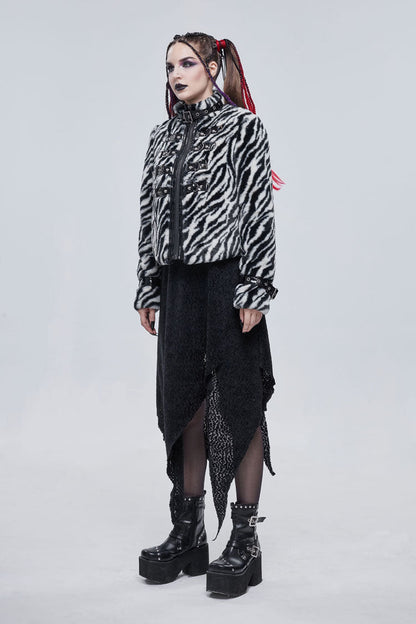 Black/White Stripe Design Shiny Belt With D-Shaped Buckle Decoration Padded Women's Punk Jacket
