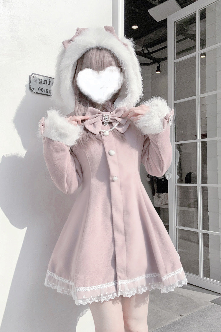 Pink Long Sleeves Bowknot Rabbit Ears Detachable Hooded Japanese Jirai Kei Coat
