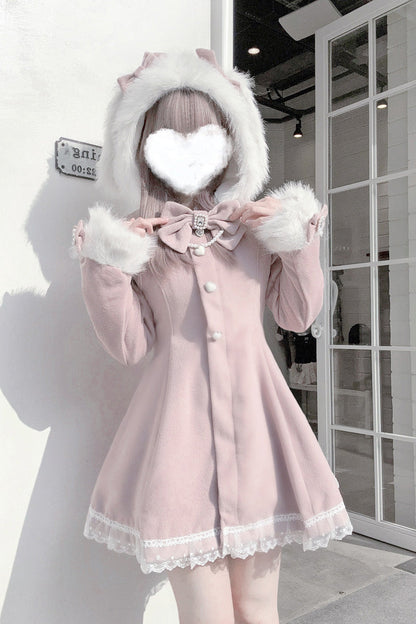 Pink Long Sleeves Bowknot Rabbit Ears Detachable Hooded Japanese Jirai Kei Coat