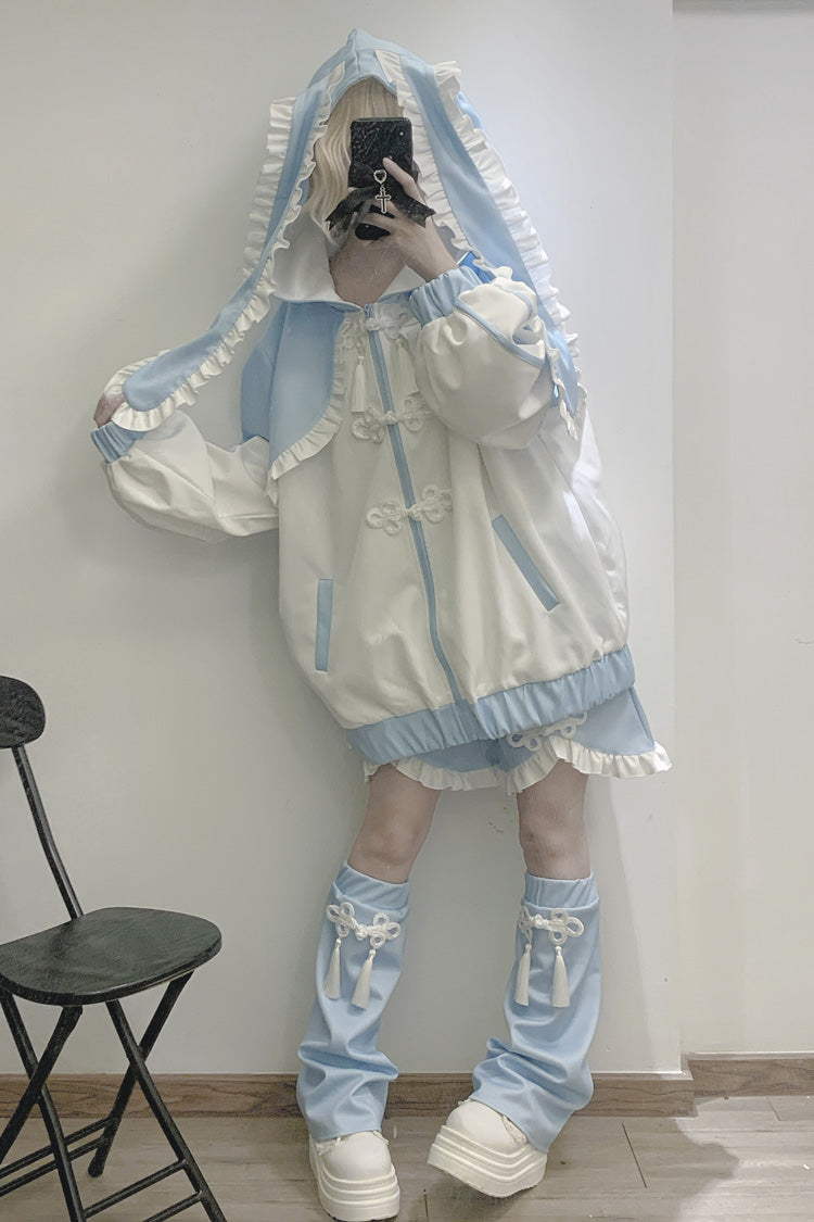 White/Blue Rabbit Ears Long Sleeves Ruffle Hooded Jirai Kei Japanese Coat