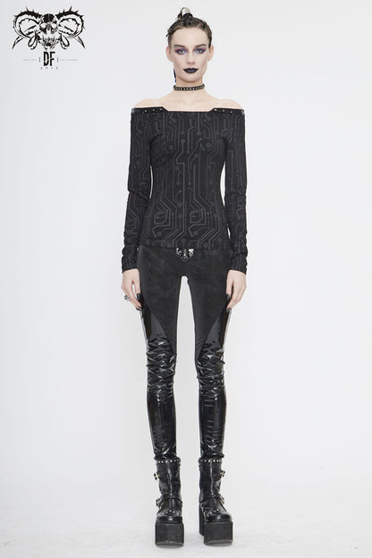Black Printed Circuit Board Pattern Off-Shoulder Leather Strip Rivet Tight Women's Punk T-Shirt