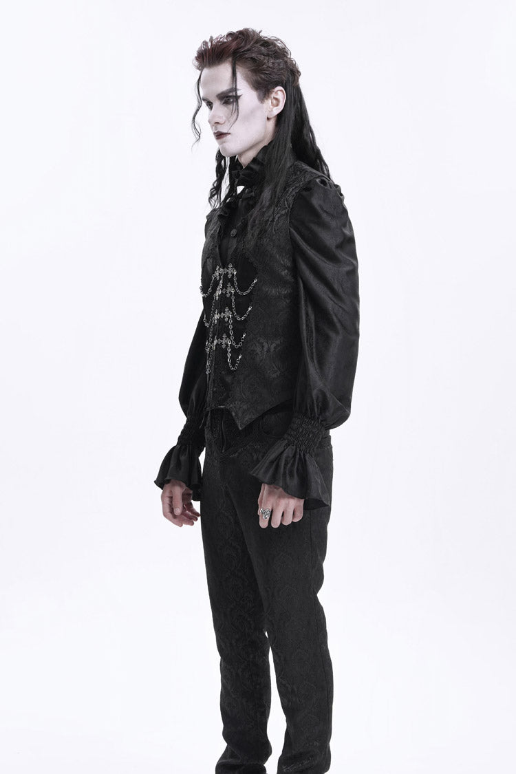 Black Sleeveless Jacquard Chain Buckle-up Men's Gothic Vest