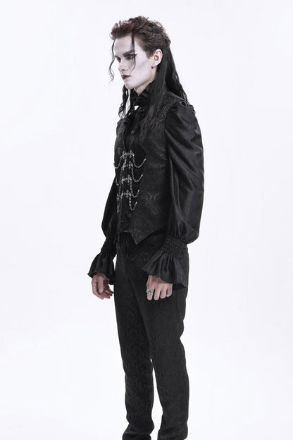 Black Sleeveless Jacquard Chain Buckle-up Men's Gothic Vest