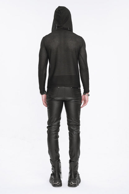 Black Striped Sheer Long Sleeve Men's Punk Sweatshirt Hooded