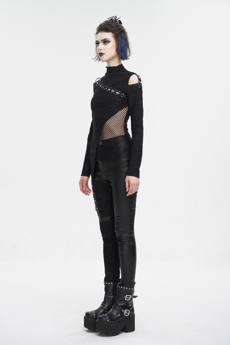 Black Strappy Cutout Mesh Splice Women's Gothic Shirt