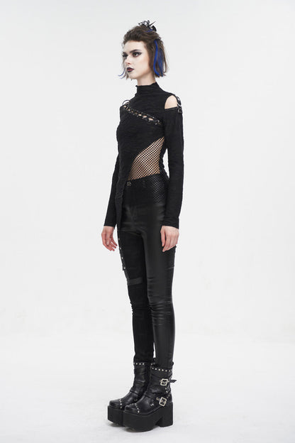 Black Strappy Cutout Mesh Splice Women's Gothic Shirt