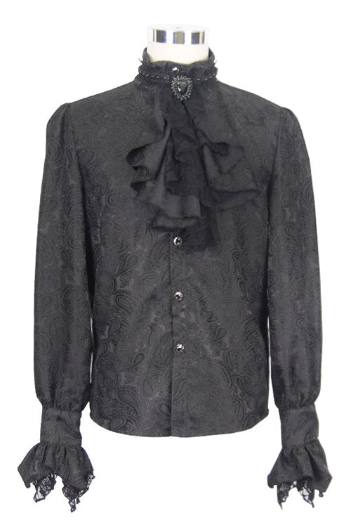 Black Shining Rose Print Lace Cuff Mens Gothic Blouse