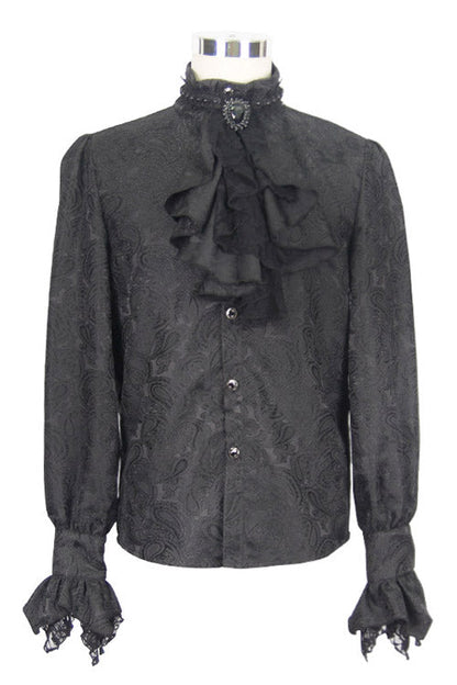 Black Shining Rose Print Lace Cuff Mens Gothic Blouse