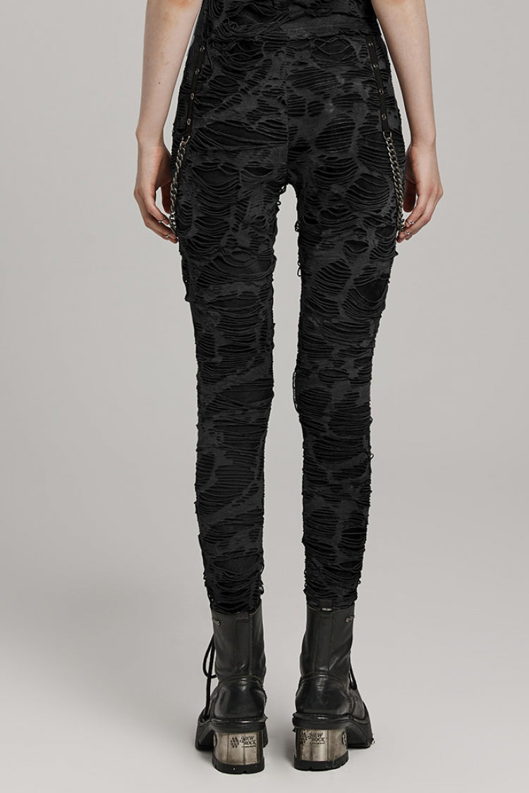 Slim Ripped Eyelet Chain Women's Steampunk Leggings 2 Colors