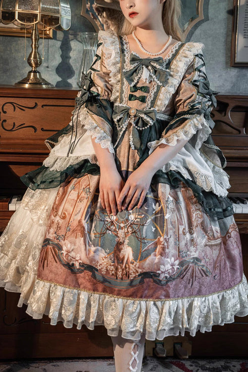 Green Gorgeous Short Sleeves Ruffle Bowknot Print Classic Lolita Dress
