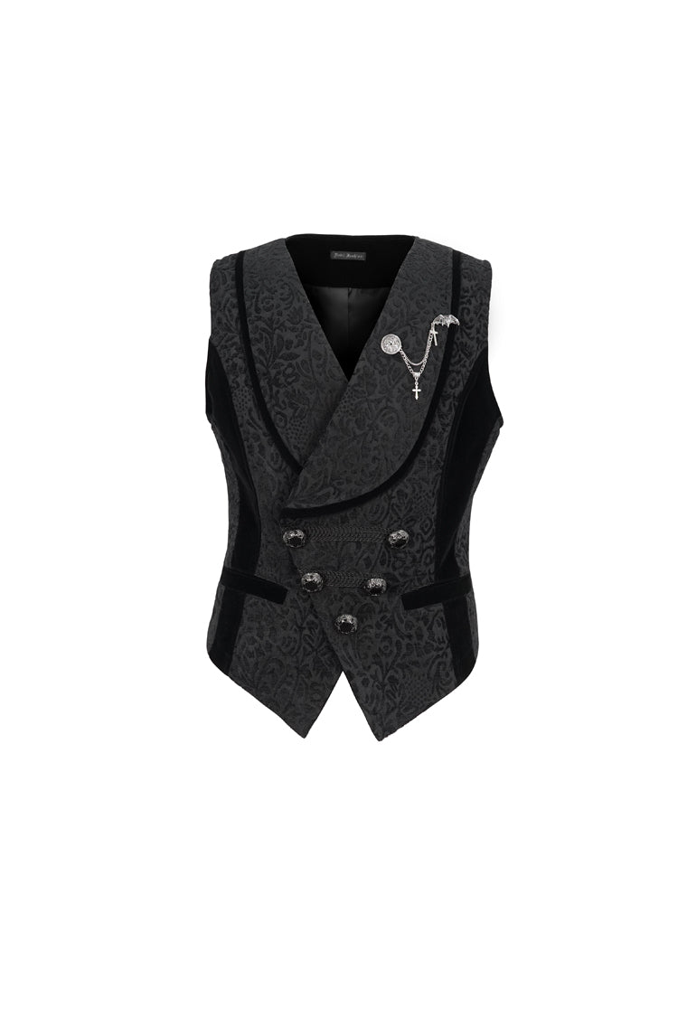 Black Slim Fit Retro Jacquard Chest Metal Chain Cross Men's Gothic Vest