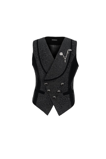 Black Slim Fit Retro Jacquard Chest Metal Chain Cross Men's Gothic Vest