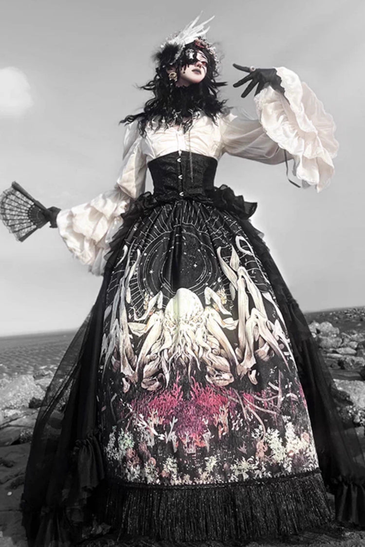Black [Reborn Ancient God] Long Hime Sleeves Print Lace Gothic Lolita Skirt Dress Set