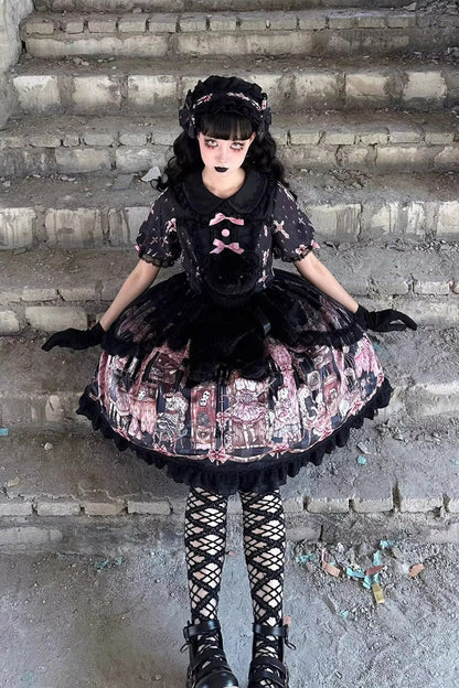 Black [The Case of the Missing Lamb] Print Long Sleeves Ruffle Bowknot Lace Gothic Lolita Dress