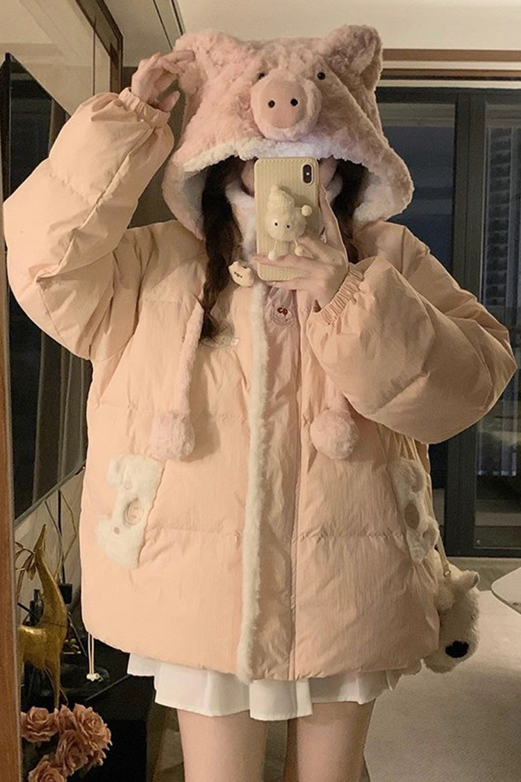 Pink [Cute Pig] Long Sleeves Hooded Sweet Lolita Coat