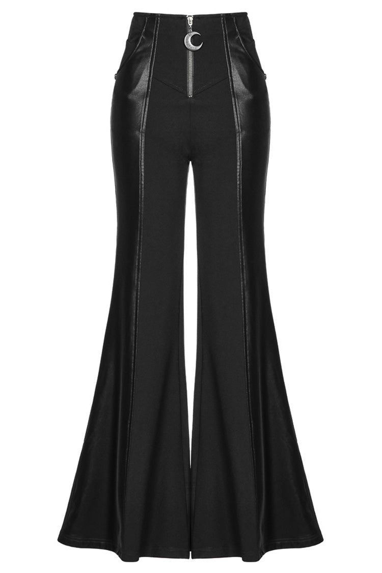 Black Stretch-Knit Paneled Faux Leather Waistband Ghost Button Flared Women's Punk Pants