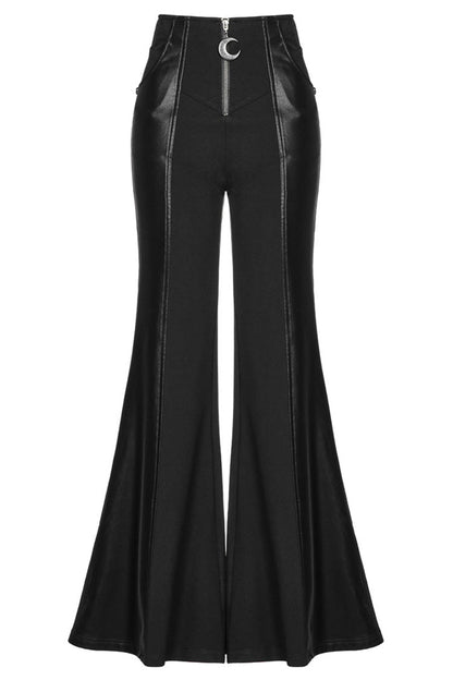 Black Stretch-Knit Paneled Faux Leather Waistband Ghost Button Flared Women's Punk Pants