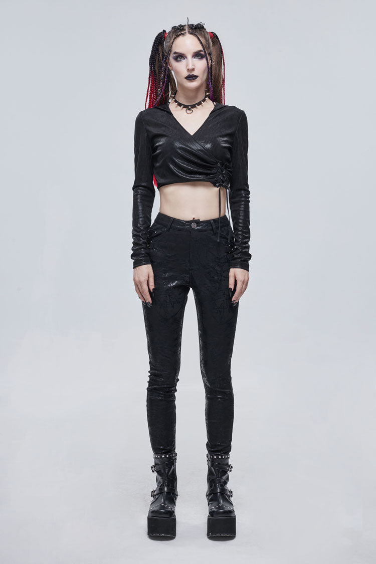 Black Shiny Vertical Grain Texture Tied Rope Decoration Hooded Short Women's Punk T-Shirt