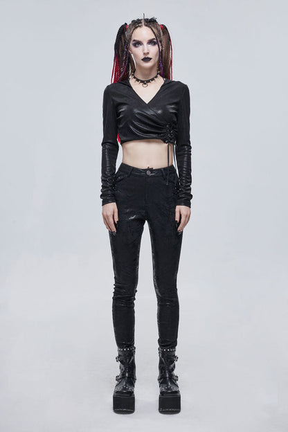 Black Shiny Vertical Grain Texture Tied Rope Decoration Hooded Short Women's Punk T-Shirt