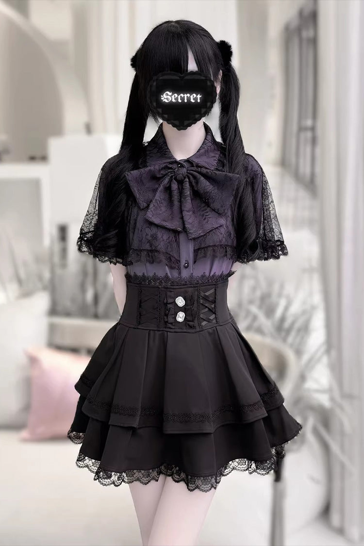 [Dark Moon Shadow] Short Sleeves Double-Layered Ruffled Embroidered Bow Lace-Up Gothic Jirai Kei Lolita Top + Skirt Set