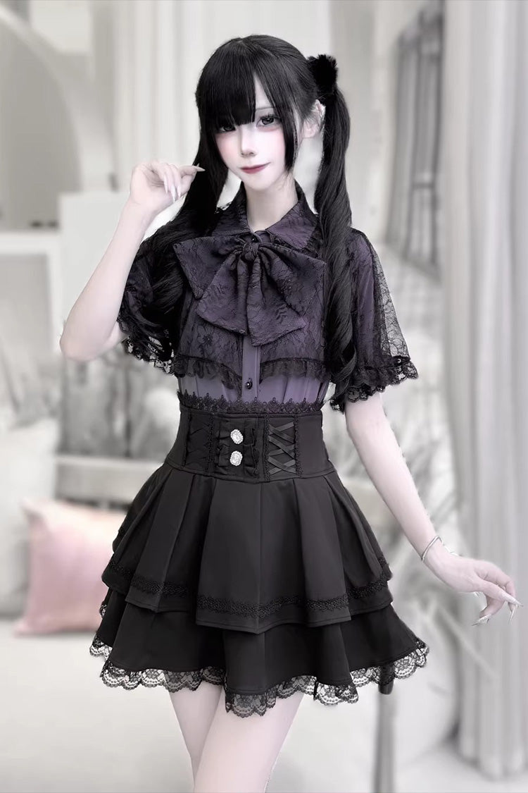 [Dark Moon Shadow] Short Sleeves Double-Layered Ruffled Embroidered Bow Lace-Up Gothic Jirai Kei Lolita Top + Skirt Set