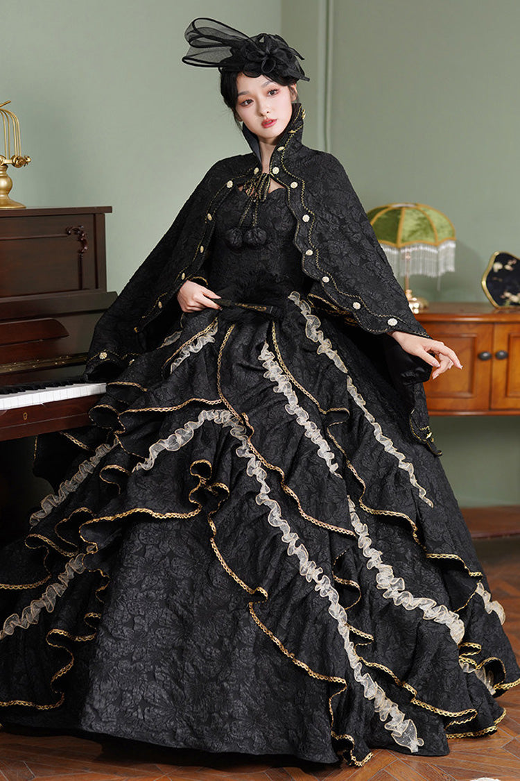 Black Square Collar Half Trumpet Sleeves Ruffled Open-Front Lace Gothic Vintage Palace Lolita Victorian Dress