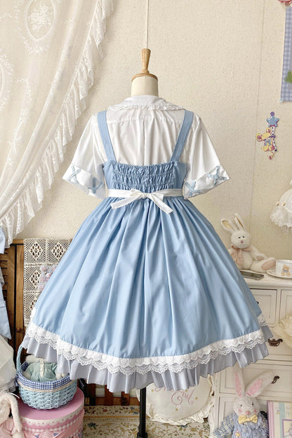 Blue [Picnic Rabbit] Ruffle Bowknot Lace Daily Sweet Lolita Jsk Dress Set