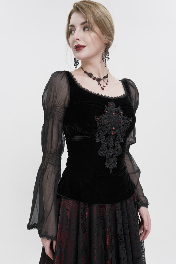 Black Velvet Paneled Chiffon Long Sleeves Chest Applique With Blood Red Diamonds Women's Gothic T-Shirt