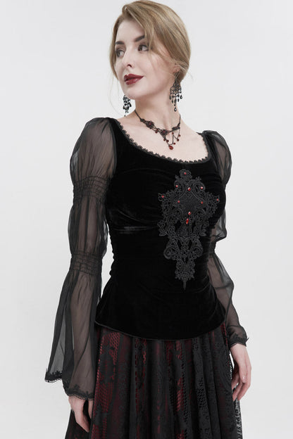 Black Velvet Paneled Chiffon Long Sleeves Chest Applique With Blood Red Diamonds Women's Gothic T-Shirt