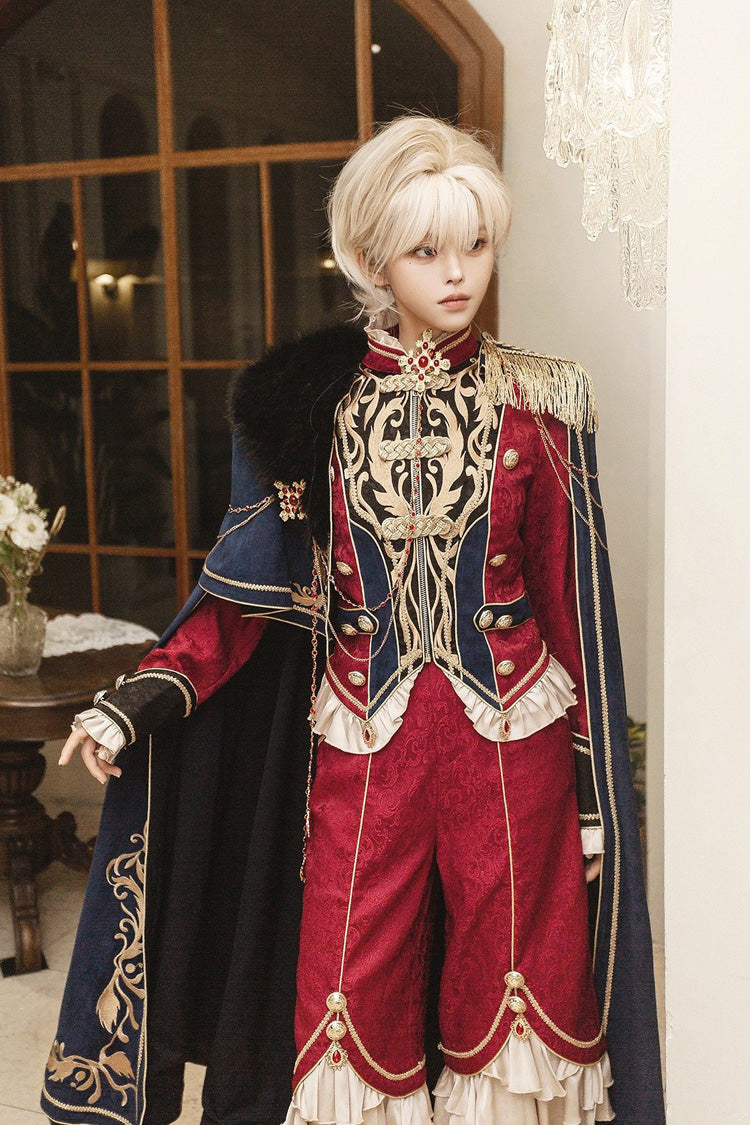 Red/Blue [Royal Glory] Stand Collar Long Sleeves Ruffled Embroidered Gothic Vintage Prince Palace Ouji Lolita Set