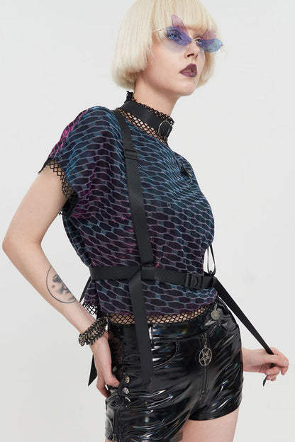 Multi-Color Punk Mesh Fabric Adjustable Strap Collar Round Neck Short Sleeve Women's T-Shirt