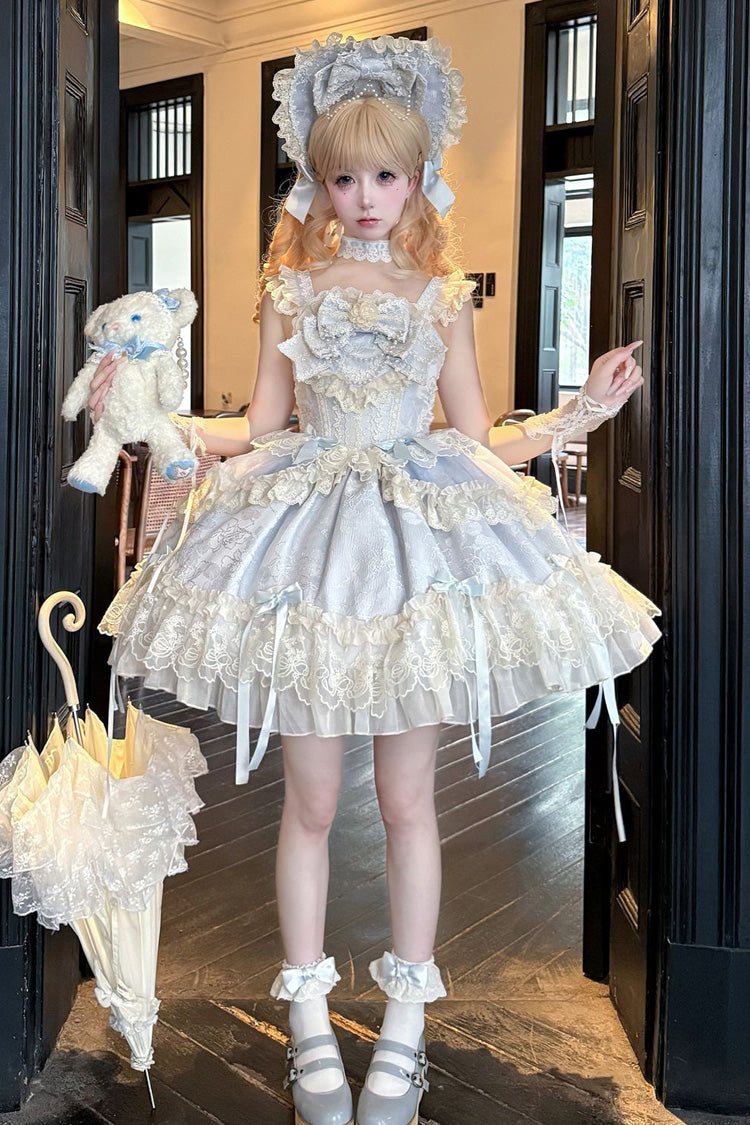 Blue [Blossoming Heart Love ] Sleeveless Dark Jacquard Print Bowknot Lace Sweet Lolita Jsk Dress