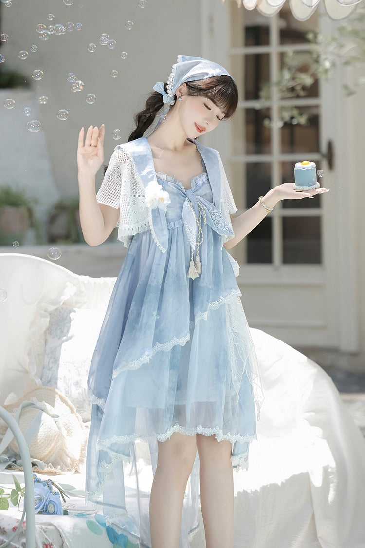 Blue [Clouds Resting in the Wilderness] Print Ruffle Embroidery Bowknot Lace Irregular Lolita Jsk Dress
