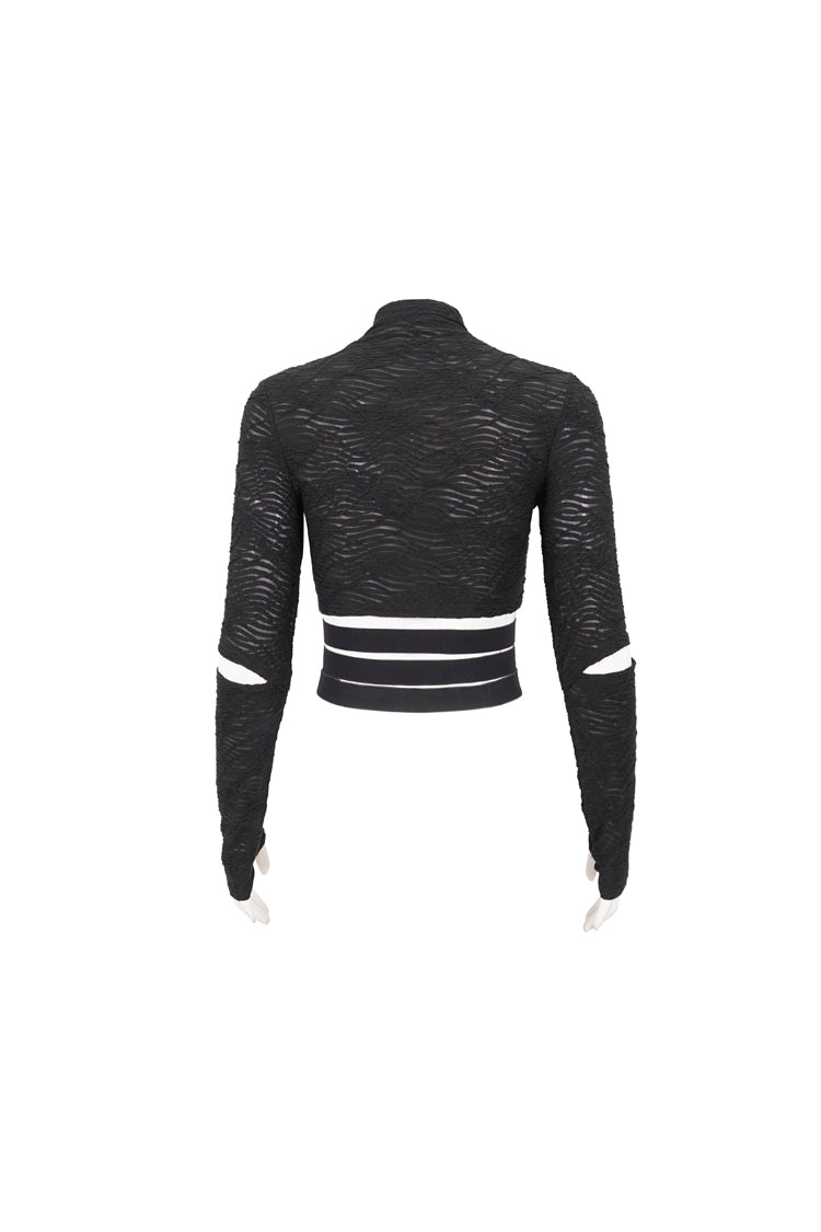 Black Ruched Strap Splice Mesh Long Sleeves Women's Gothic Shirt
