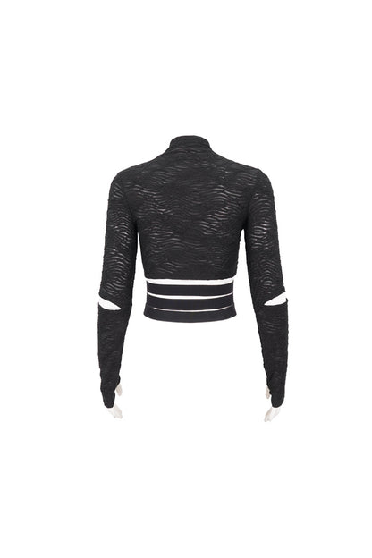 Black Ruched Strap Splice Mesh Long Sleeves Women's Gothic Shirt