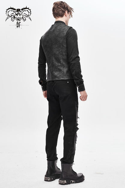 Gray V Neck Fog Flower Shoulder Loop Chest Lace Up Men's Punk Waistcoat