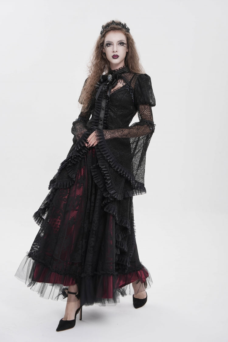 Black Stand Collar Long Trumpet Beaded Sleeves Cut-Out Bow Lace Women's Gothic Blouse
