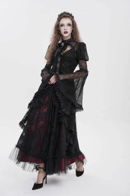 Black Stand Collar Long Trumpet Beaded Sleeves Cut-Out Bow Lace Women's Gothic Blouse