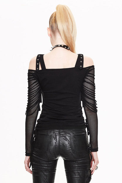 Black Skull Print Long Sleeves Drawstring Halter Cotton Women Punk T-Shirt