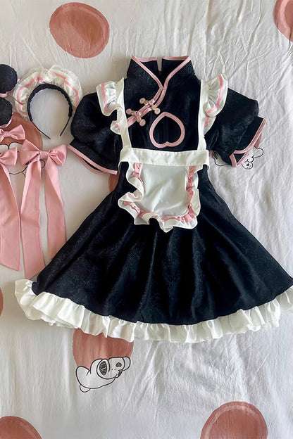 Black Short Sleeves Ruffle Love Hollow Bowknot Sweet Plus Size Chinese Style Lolita Dress Full Set