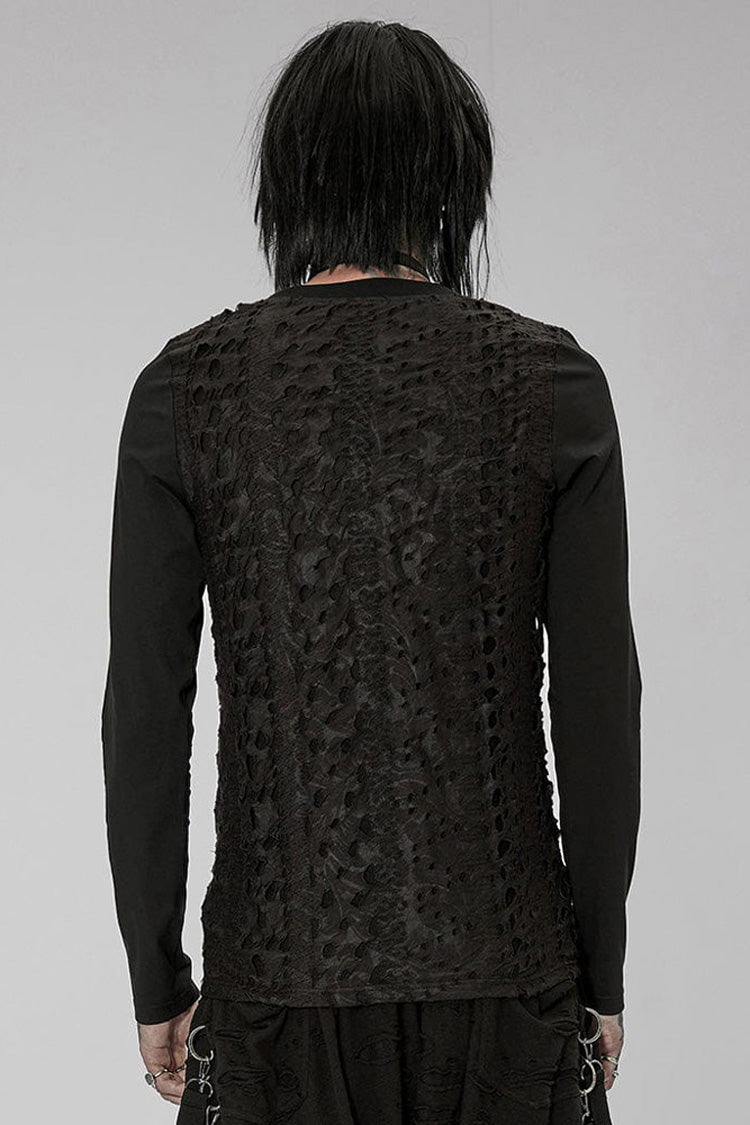 Black Punk Knitted Print Splicing Concave And Convex Webbing Decoration Long Sleeve Men's T-Shirt